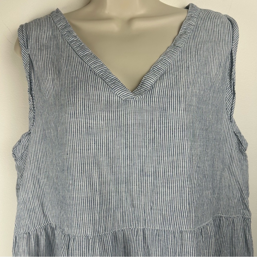 Lucky Brand Blue Striped V Neck Asymmetrical Tiered Linen Dress sz XL Coastal - Picture 4 of 14